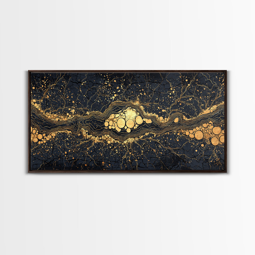 Black Gold Molten River Abstract Wall Art, Luxury Canvas Print, Earth Tone Modern Decor For Living Room And Office Decor Gift