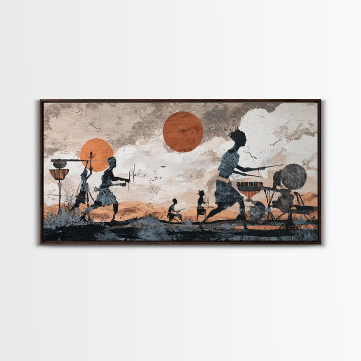 Drumming Village Family Silhouettes Canvas Print, African Wall Art, Tribal Music Decor, Afrocentric Living Room Artwork Gift