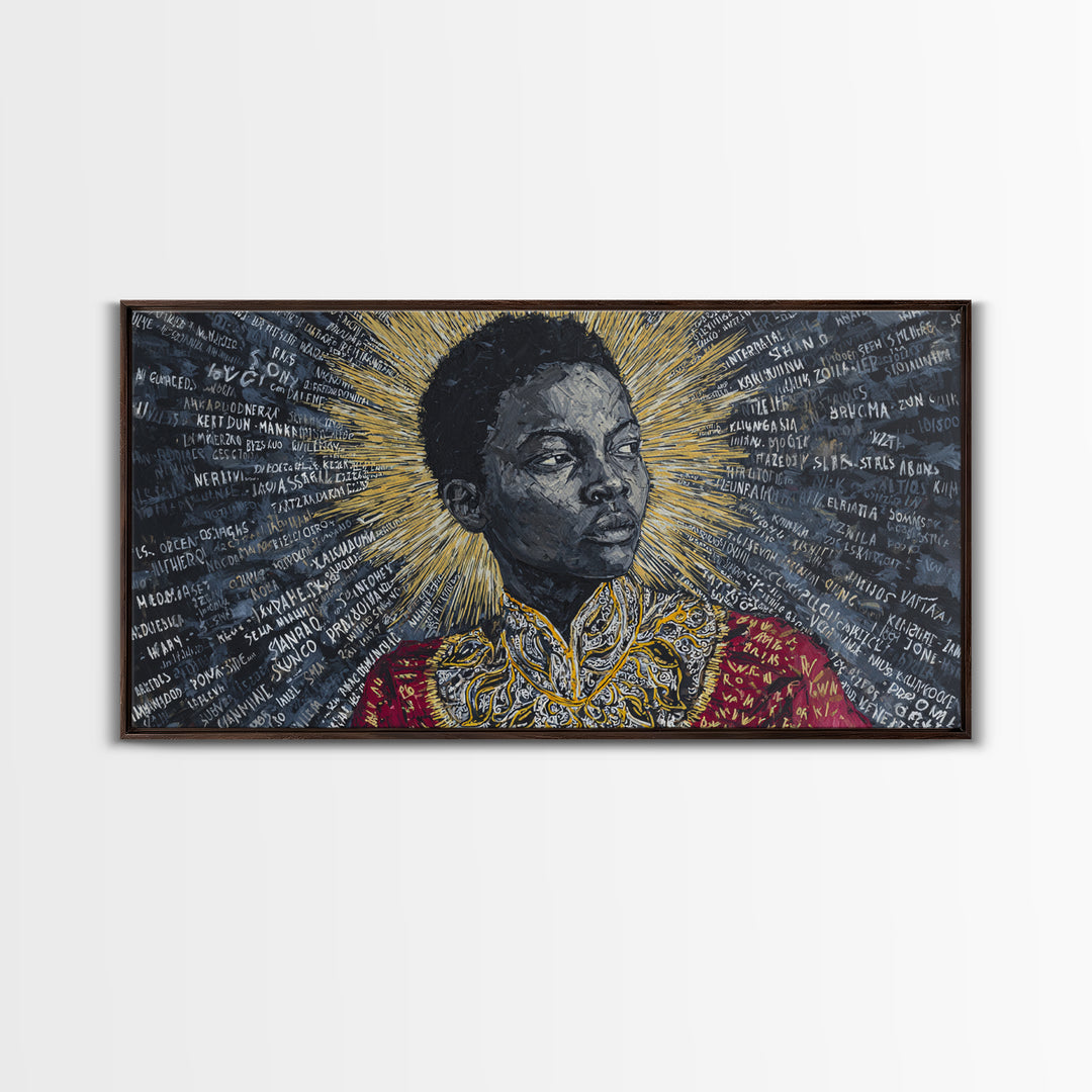Young Black Boy Portrait With Golden Halo Framed Canvas Print, African American Art, Black History Decor, Empowerment Gift
