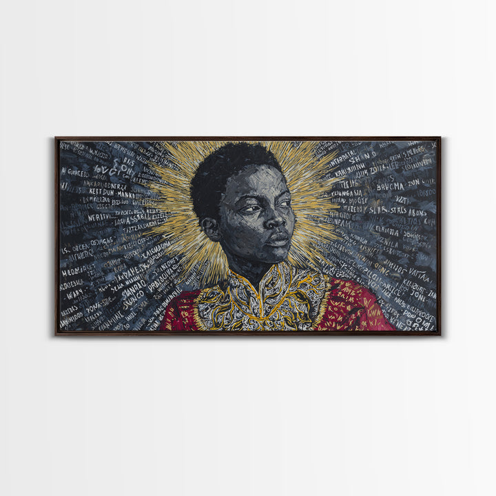 Young Black Boy Portrait With Golden Halo Framed Canvas Print, African American Art, Black History Decor, Empowerment Gift