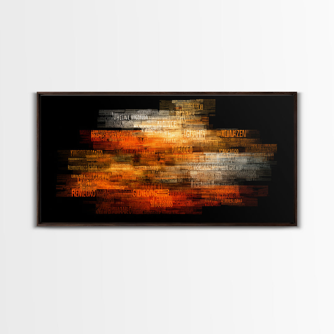 Orange Gold African Word Cloud Framed Canvas Print, Abstract African Art, Afrocentric Decor, Vibrant Statement Wall Decor