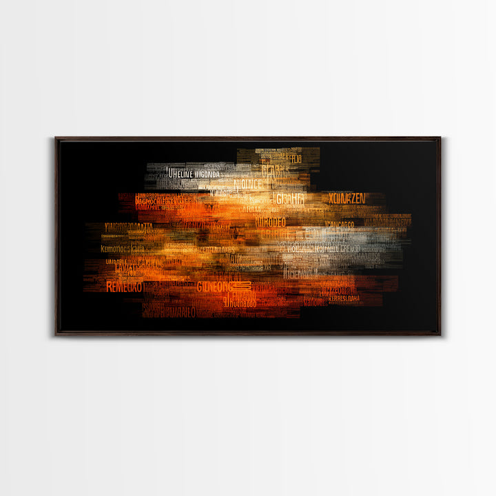 Orange Gold African Word Cloud Framed Canvas Print, Abstract African Art, Afrocentric Decor, Vibrant Statement Wall Decor