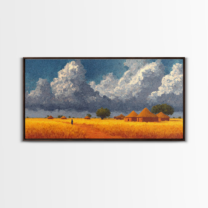 Golden Savanna Village With Storm Clouds Framed Canvas Print, African Landscape, Safari Art, Rustic Home Decor, Africa Painting