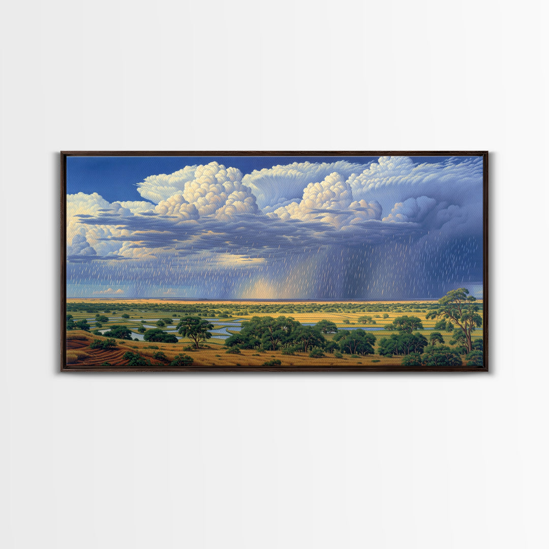 Blue Rain Clouds Over Green Savanna Wall Art, African Safari Art, Serengeti Wall Art, Nature Scene Art, Large Decor Art Gift