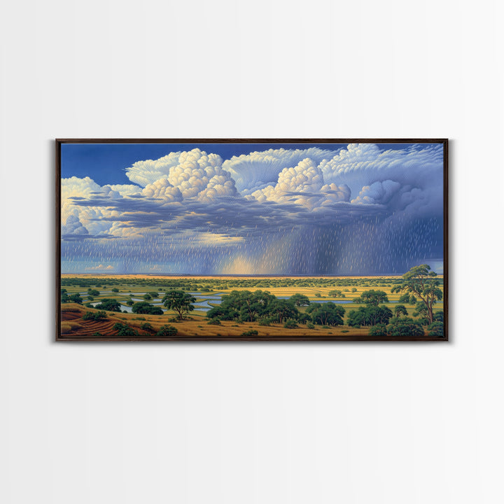Blue Rain Clouds Over Green Savanna Wall Art, African Safari Art, Serengeti Wall Art, Nature Scene Art, Large Decor Art Gift