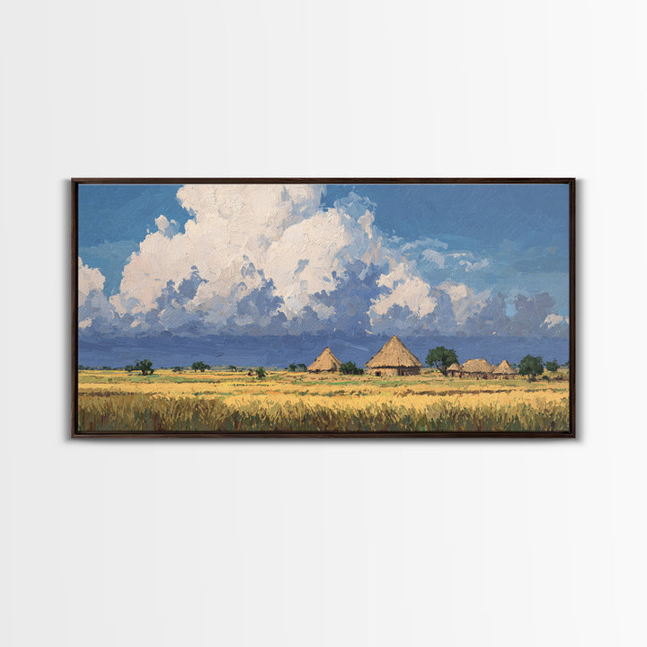 Thatched Village Under White Clouds Canvas Print, African Landscape, Rustic Decor, Cultural Wall Decor, Living Room Art Gift