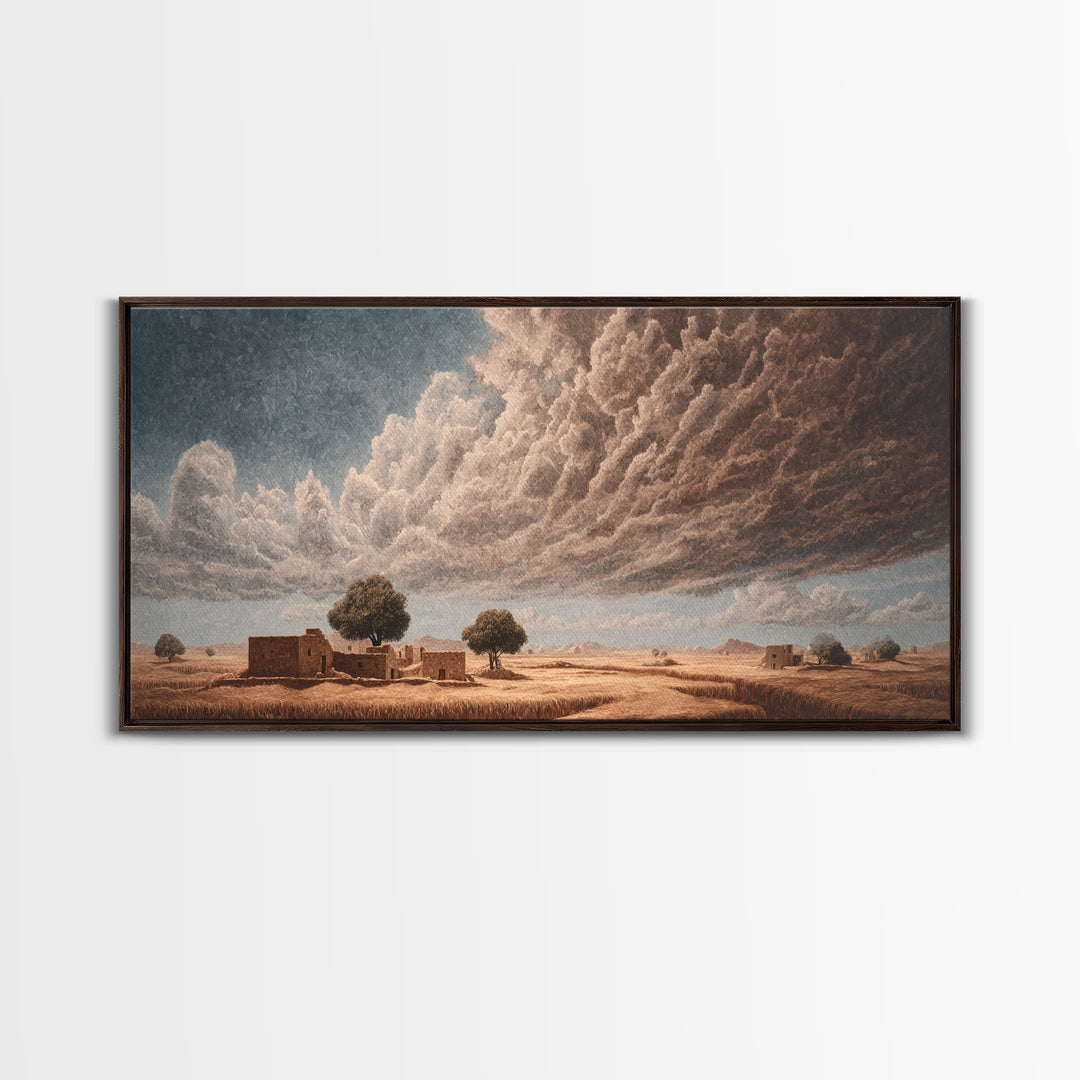 Desert Village Beneath Giant Storm Clouds Framed Canvas Print, African Landscape, Earth Tone Wall Art, Rustic Decor Gift