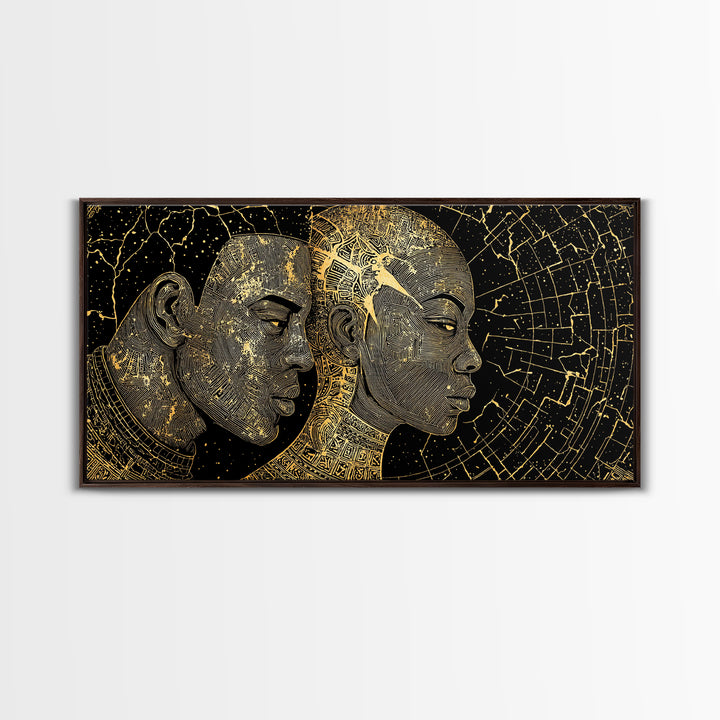 Golden African Profiles With Celestial Patterns Canvas Print, Afrocentric Portrait Wall Art, Black Culture Decor, Unique Gift