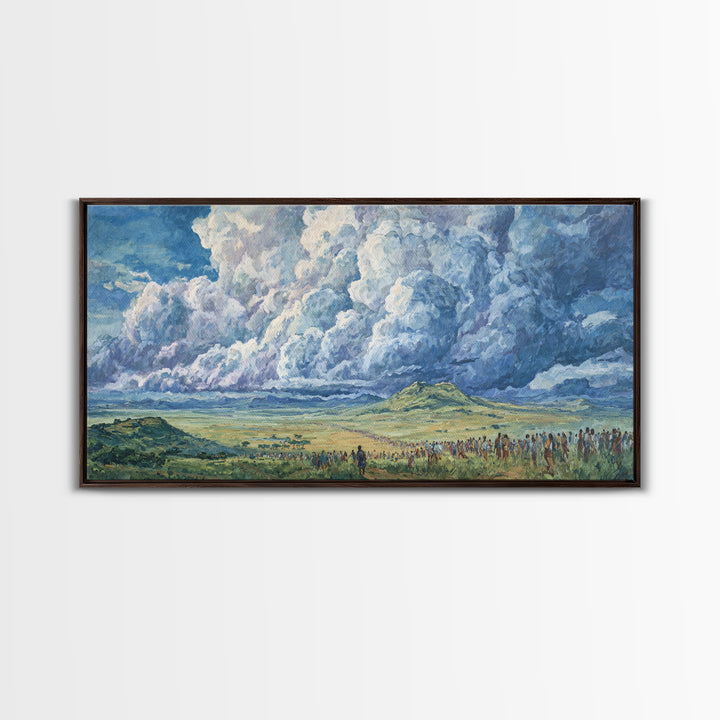 Vast African Plains Under Towering Blue Storm Clouds Canvas Print, Panoramic Wall Art, Cultural Landscape, Office Decor Art