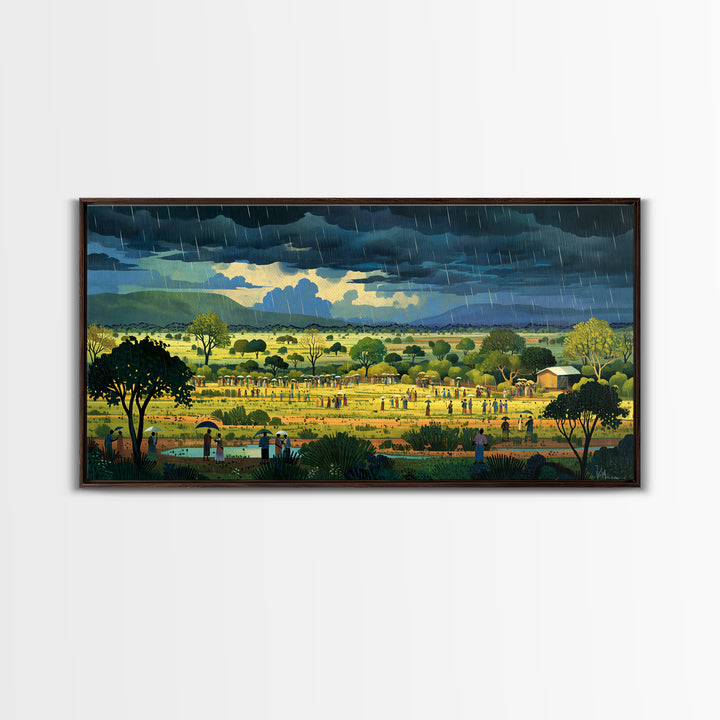 Rainy African Village Fields With Dark Monsoon Sky Wall Art, Motherland Landscape, Cultural Home Decor, Framed Canvas Print