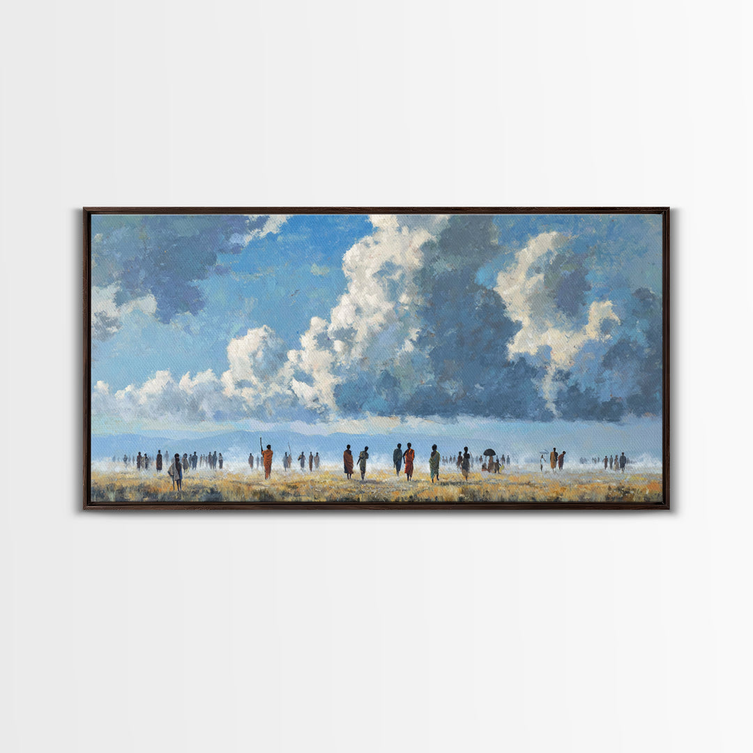 Open African Horizon With Walking Figures And Soft Clouds Wall Art, Minimalist Landscape, Blue Sky Decor, Canvas Print, Gift