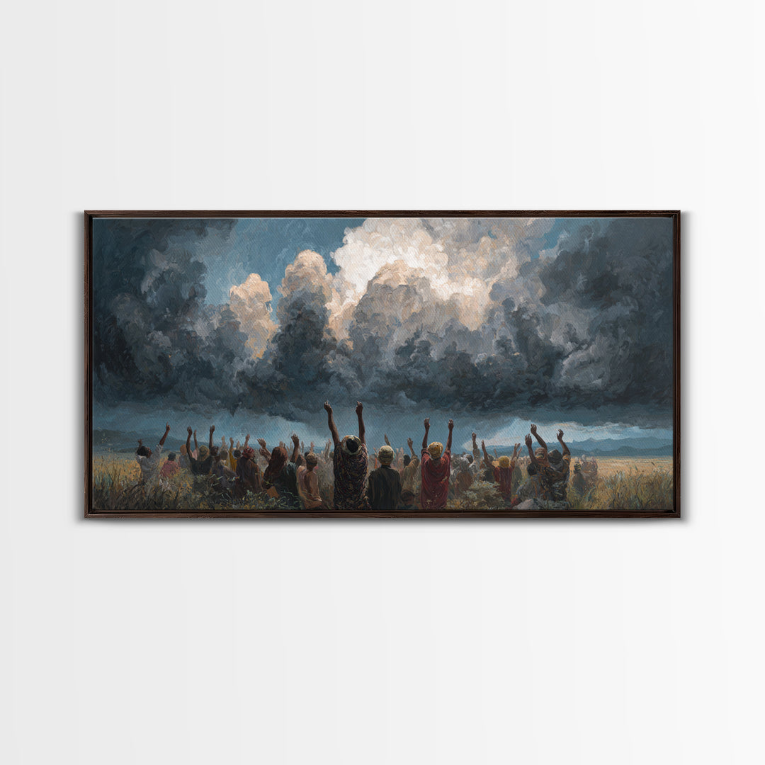 Joyful African Crowd Under Dramatic Storm Clouds Wall Art, Black Culture Celebration, Spiritual Decor, Panoramic Canvas Print