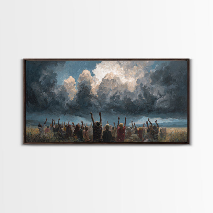 Joyful African Crowd Under Dramatic Storm Clouds Wall Art, Black Culture Celebration, Spiritual Decor, Panoramic Canvas Print