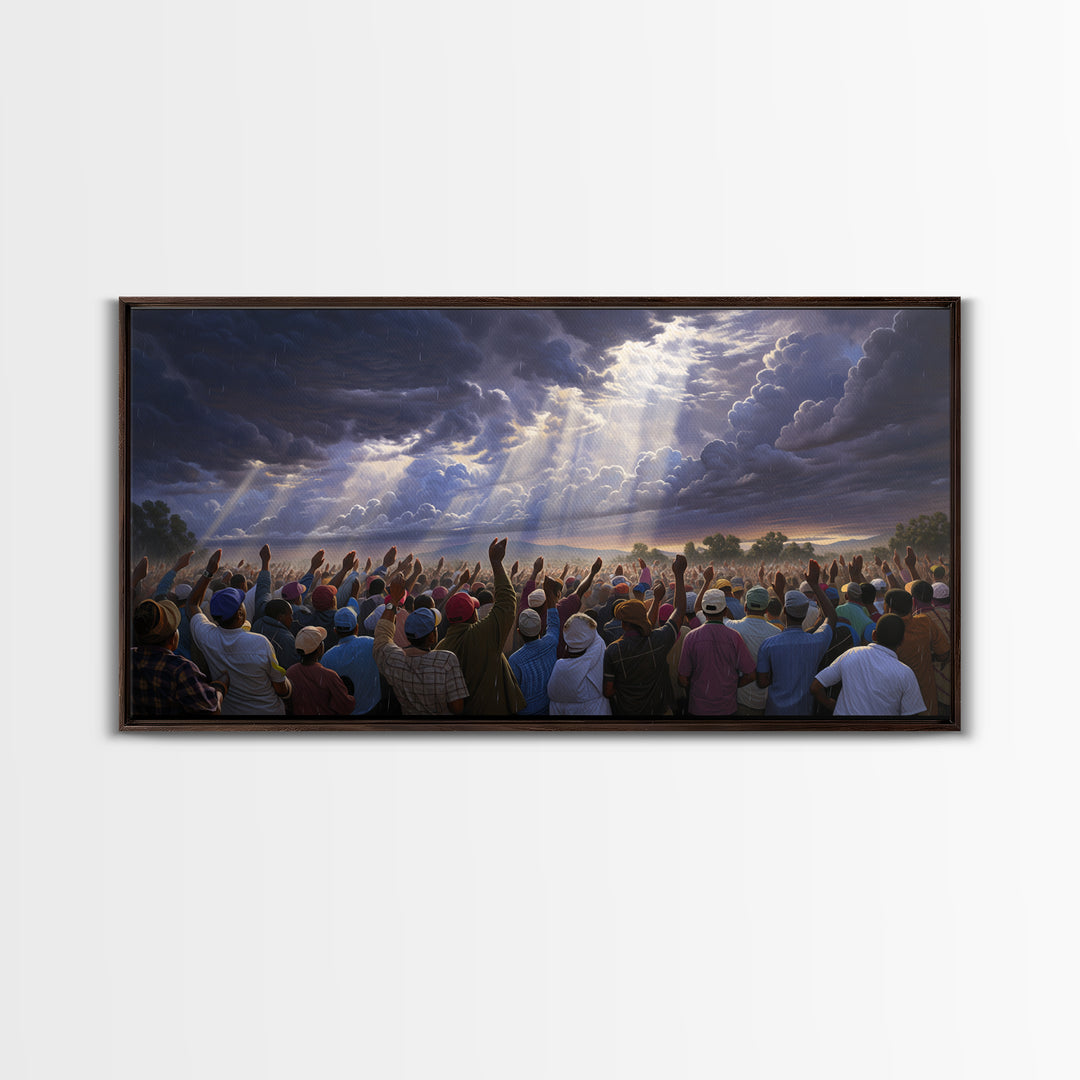 Hopeful African Gathering With Raised Hands Framed Canvas Print, Heavenly Storm Clouds Wall Art, Black Culture Decor Gift
