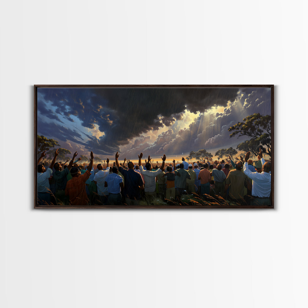 Sunlit African Gathering Beneath Storm Sky Canvas Print, Afrocentric Wall Decor, Spiritual Safari Scene, Cultural Home Art