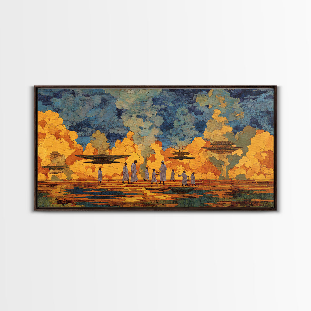 Golden African Village Scene Wall Art, Modern African Art Print, Cultural Landscape, Warm Earth Tone Living Room Decor Gift