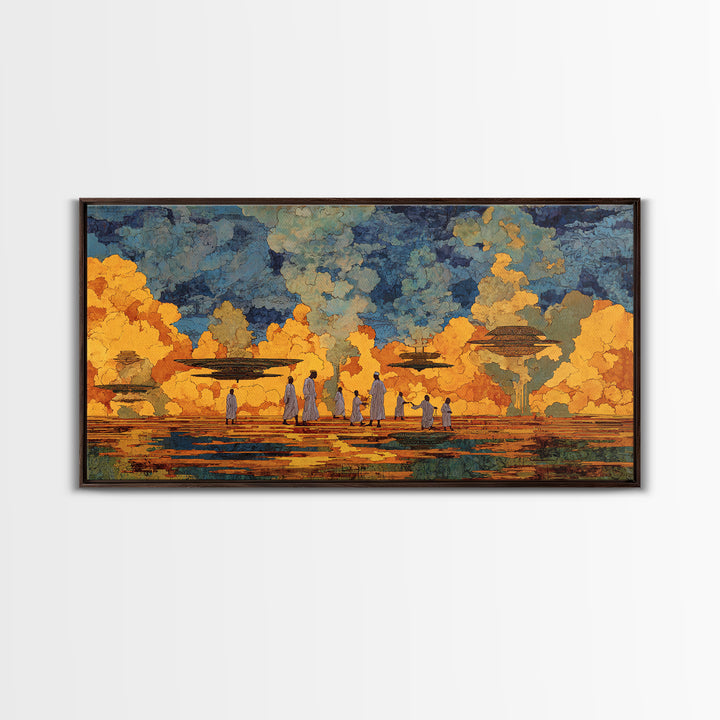 Golden African Village Scene Wall Art, Modern African Art Print, Cultural Landscape, Warm Earth Tone Living Room Decor Gift