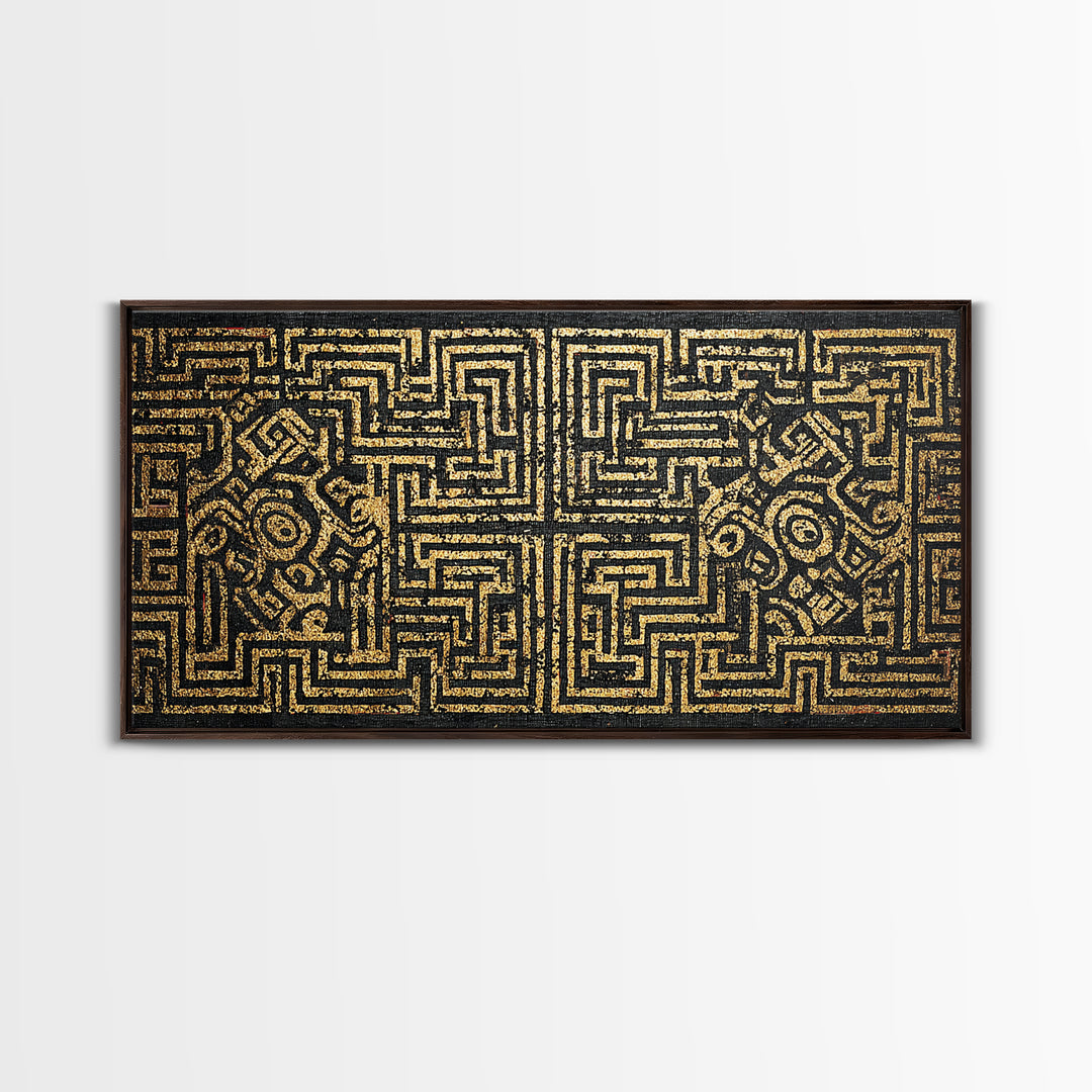 Black And Gold African Tribal Maze Canvas Print, Kuba Inspired Pattern Art, Ethnic Wall Decor, Bold Geometric Home Decor