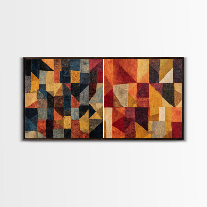 Modern African Geometric Patchwork Canvas Print, Abstract Ethnic Wall Art, Earth Tone Cubism Decor, Bold Home Decor Gift