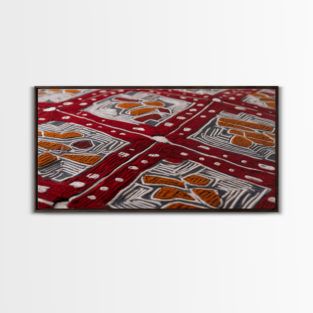 Red African Embroidered Textile Framed Canvas Print, Ankara Fabric Wall Decor, Tribal Pattern Art, Bold Cultural Home Decor