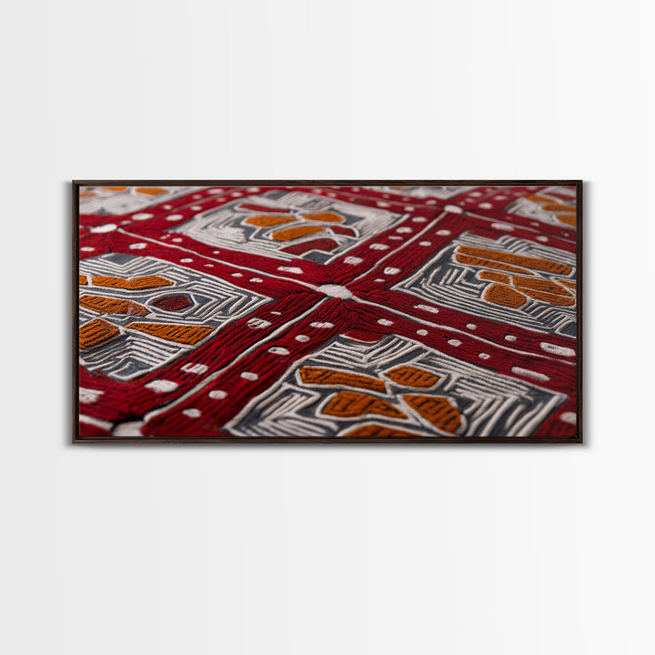 Red African Embroidered Textile Framed Canvas Print, Ankara Fabric Wall Decor, Tribal Pattern Art, Bold Cultural Home Decor