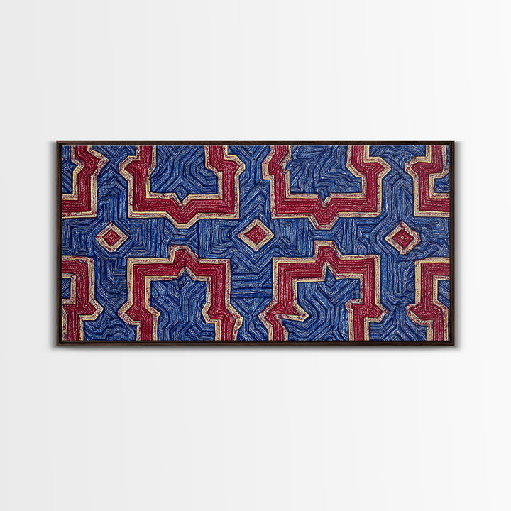 Red Blue Kuba Geometric Textile Pattern Wall Art, African Fabric Print, Tribal Decor, Modern African Art For Living Room