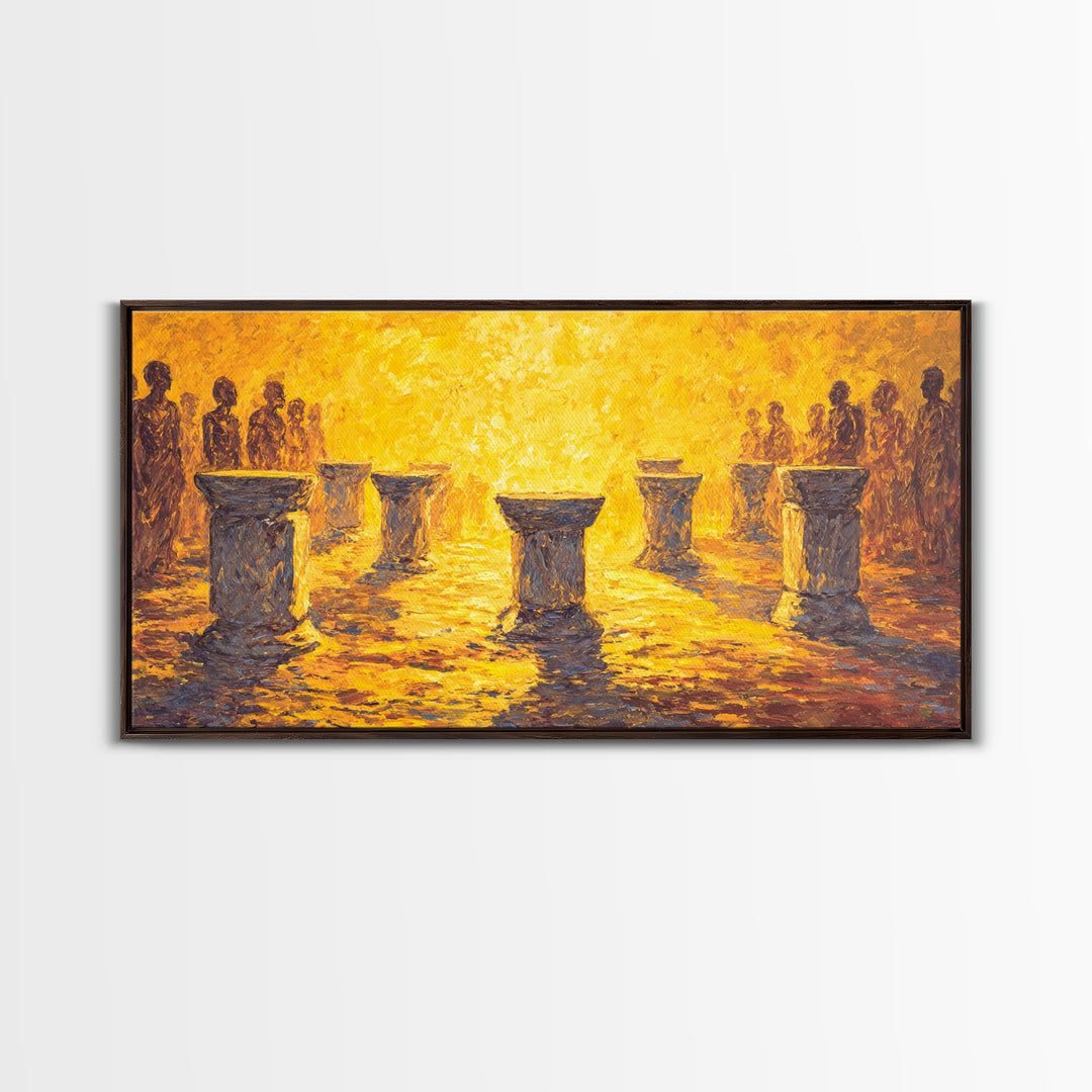 Golden Drum Ceremony Silhouette Wall Art, African Celebration Painting, Cultural Art Print, Warm Sunset Housewarming Gift