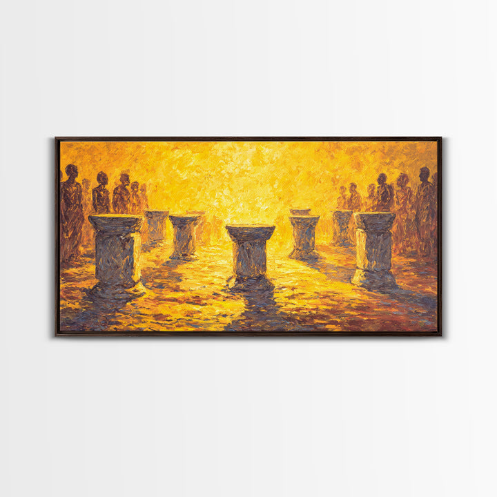 Golden Drum Ceremony Silhouette Wall Art, African Celebration Painting, Cultural Art Print, Warm Sunset Housewarming Gift