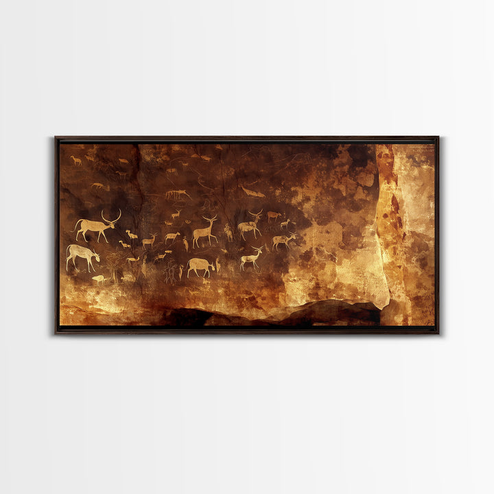 Ancient Cave Animal Herd Rock Painting Canvas Print, African Safari Art, Earth Tone Wall Decor, Tribal Culture Artwork Gift