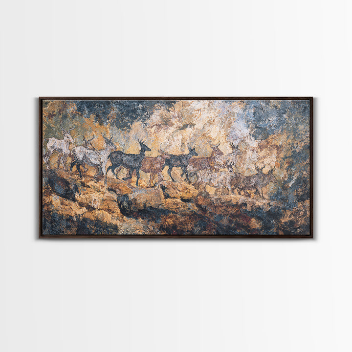 Blue Ochre Prehistoric Animal Herd Wall Art, African Rock Painting, Safari Decor, Earth Tone Tribal Art Print For Home Decor