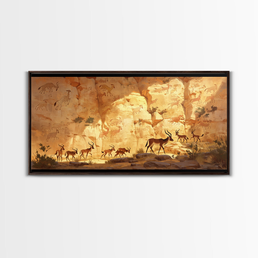 Desert Antelope Rock Art Framed Canvas Print, African Landscape, Safari Wall Decor, Ancient Cave Painting For Living Room