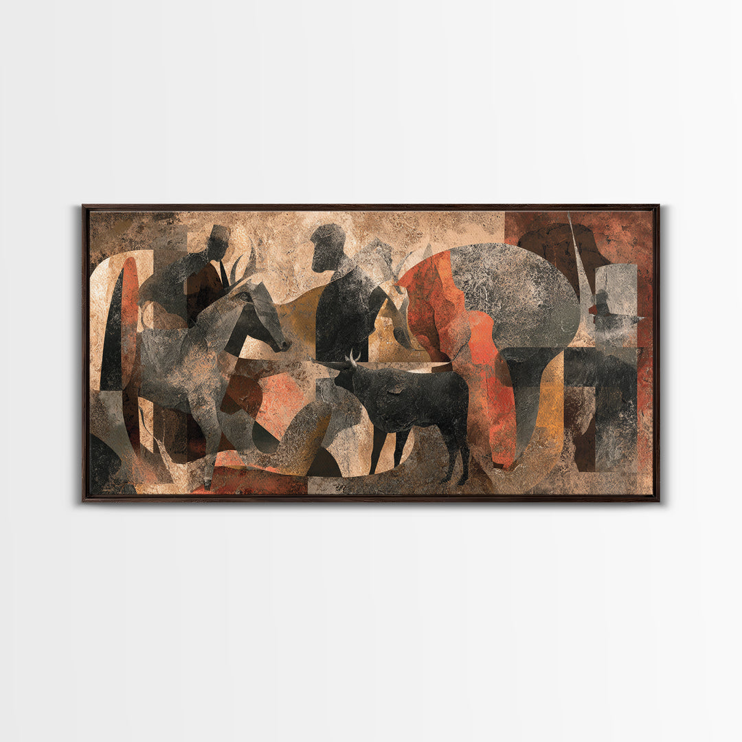 Abstract African Herdsmen And Cattle Wall Art, Modern Cubism, Tribal Decor, Earth Tone Canvas Print For Stylish Home Decor