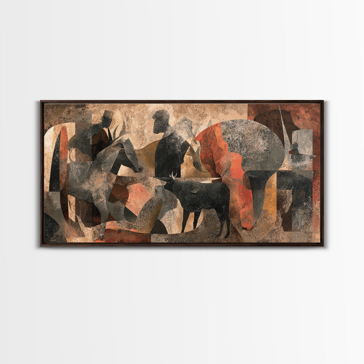 Abstract African Herdsmen And Cattle Wall Art, Modern Cubism, Tribal Decor, Earth Tone Canvas Print For Stylish Home Decor