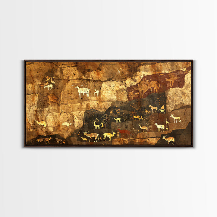 Ochre Cave Herd Rock Painting Canvas Print, African Animal Art, Tribal Wall Decor, Ancient Safari Artwork For Earth Tone Home
