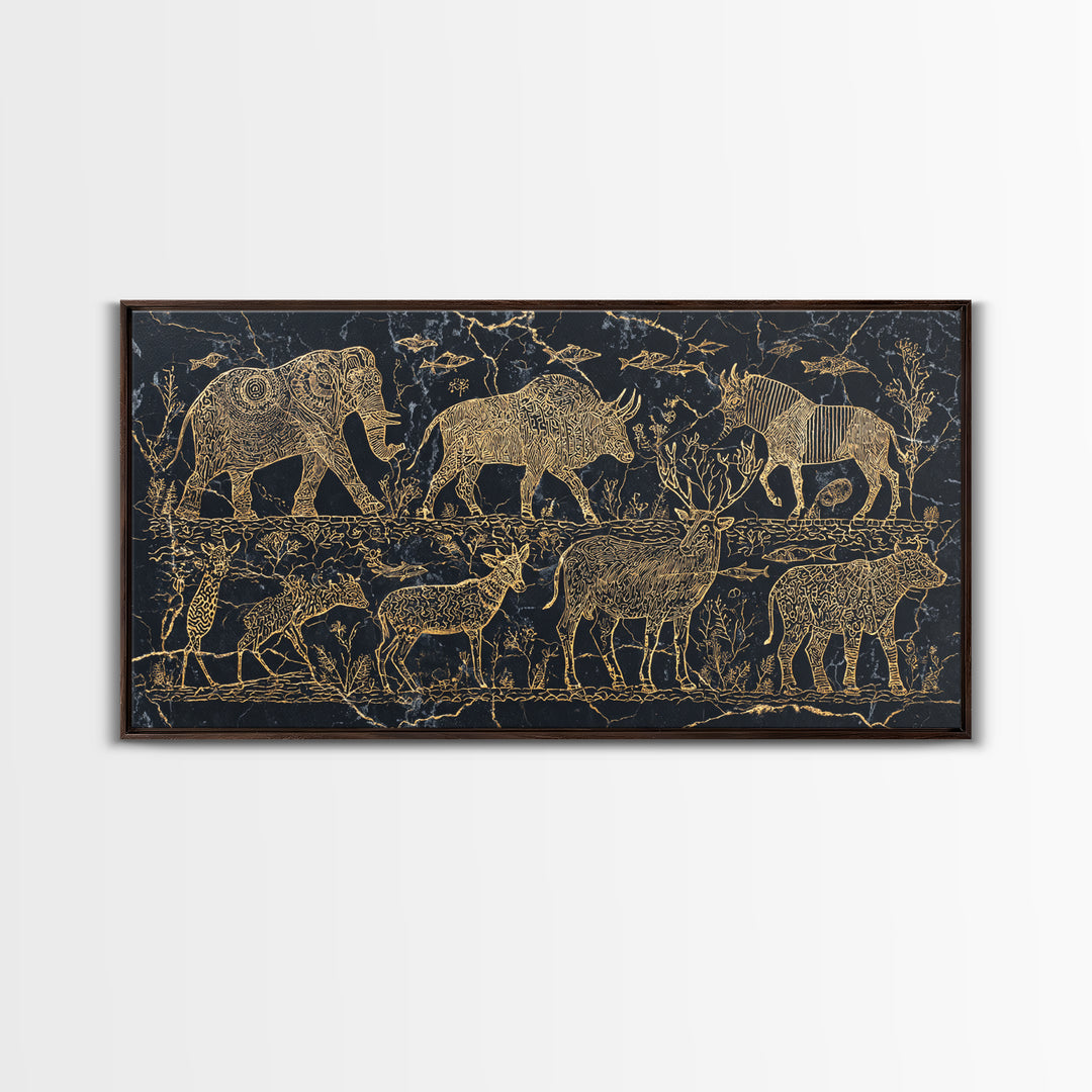 Gold Safari Animal Linework With Elephants And Giraffes Wall Art, African Safari Art, Black And Gold Art, Living Room Decor