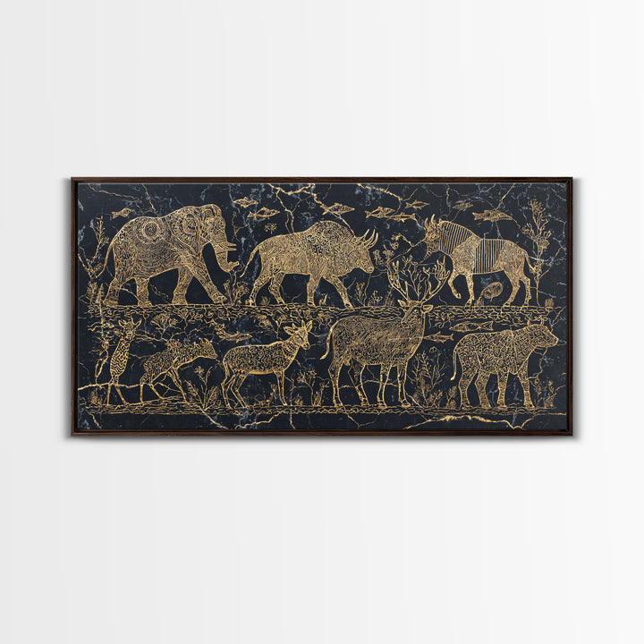 Gold Safari Animal Linework With Elephants And Giraffes Wall Art, African Safari Art, Black And Gold Art, Living Room Decor