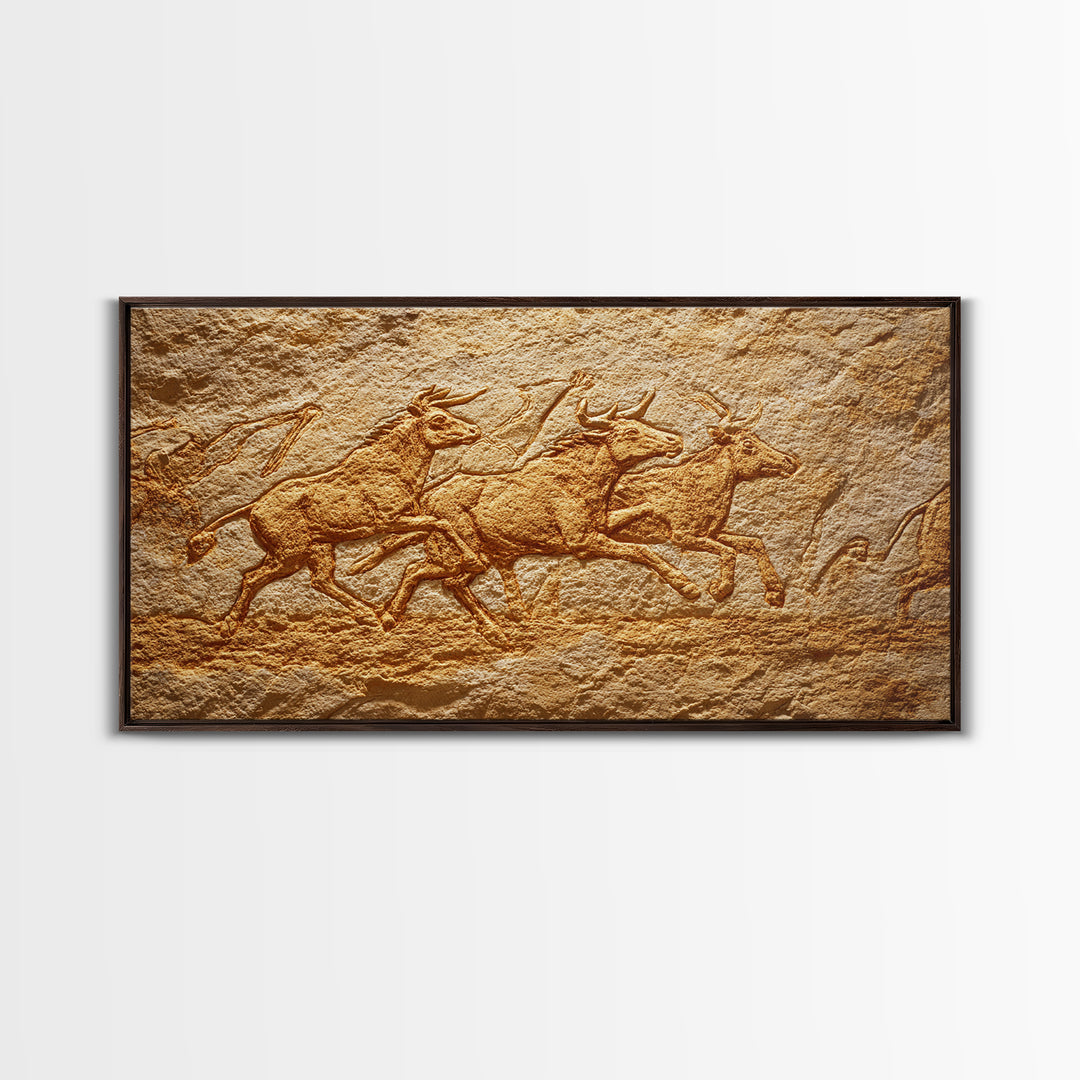 Carved Stone Antelope Herd In Ancient Cave Relief Wall Art, African Animal Art, Tribal Art Print, Earth Tone Decor, Rustic Home Decor