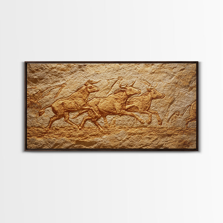 Carved Stone Antelope Herd In Ancient Cave Relief Wall Art, African Animal Art, Tribal Art Print, Earth Tone Decor, Rustic Home Decor