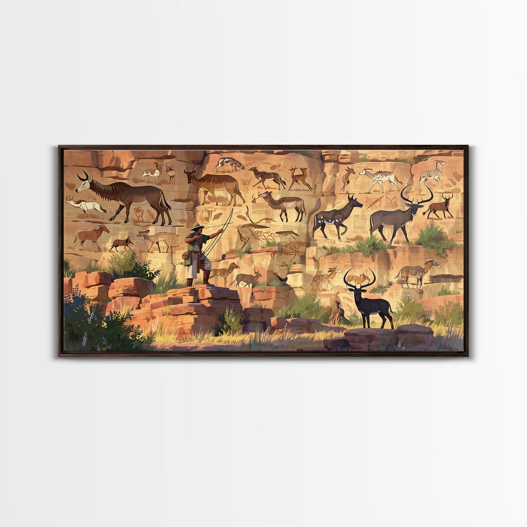 Desert Canyon Pictographs With Explorer And Antelope Canvas Print, African Inspired Rock Art, Safari Wall Decor Gift For Him