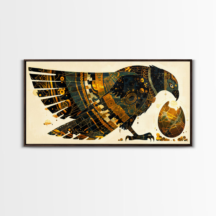 Ornate Egyptian Falcon With Golden Egg Canvas Print, African Egyptian Art, Black Gold Decor, Spiritual Wall Art Gift For Her