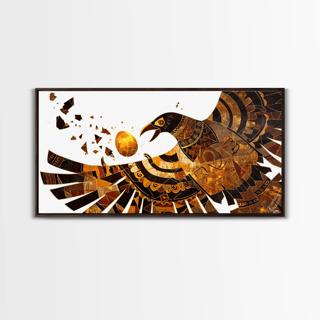Geometric Black Gold Eagle Holding Sun Orb Canvas Print, African Inspired Abstract Art, Bold Wall Decor, Unique Canvas Gift