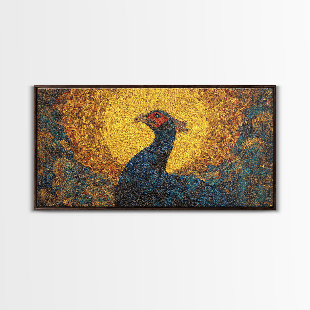 Blue Peacock Portrait Before Golden Sun Wall Art, African Inspired Bird Art, Textured Canvas Decor, Vibrant Living Room Gift