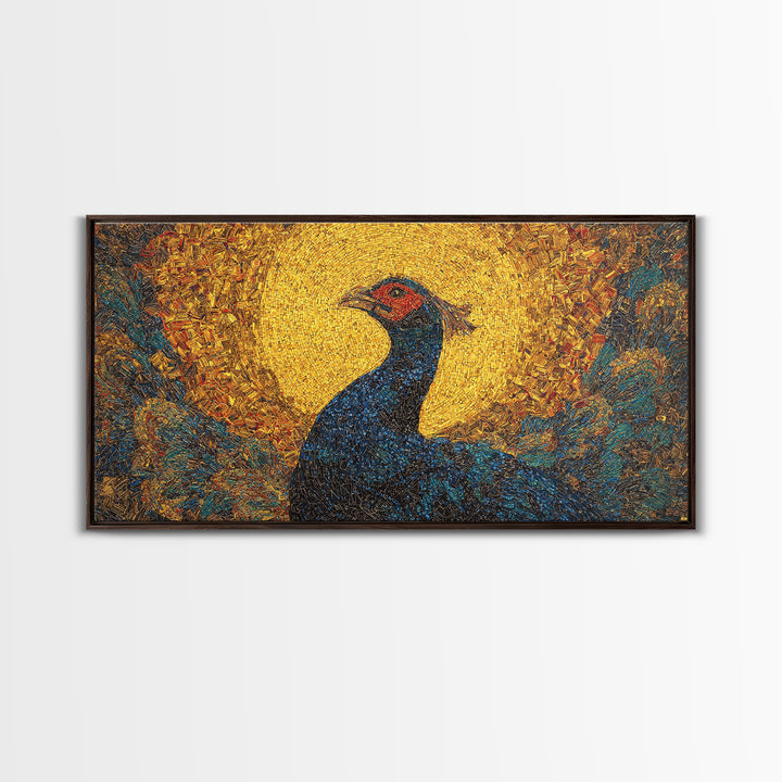 Blue Peacock Portrait Before Golden Sun Wall Art, African Inspired Bird Art, Textured Canvas Decor, Vibrant Living Room Gift