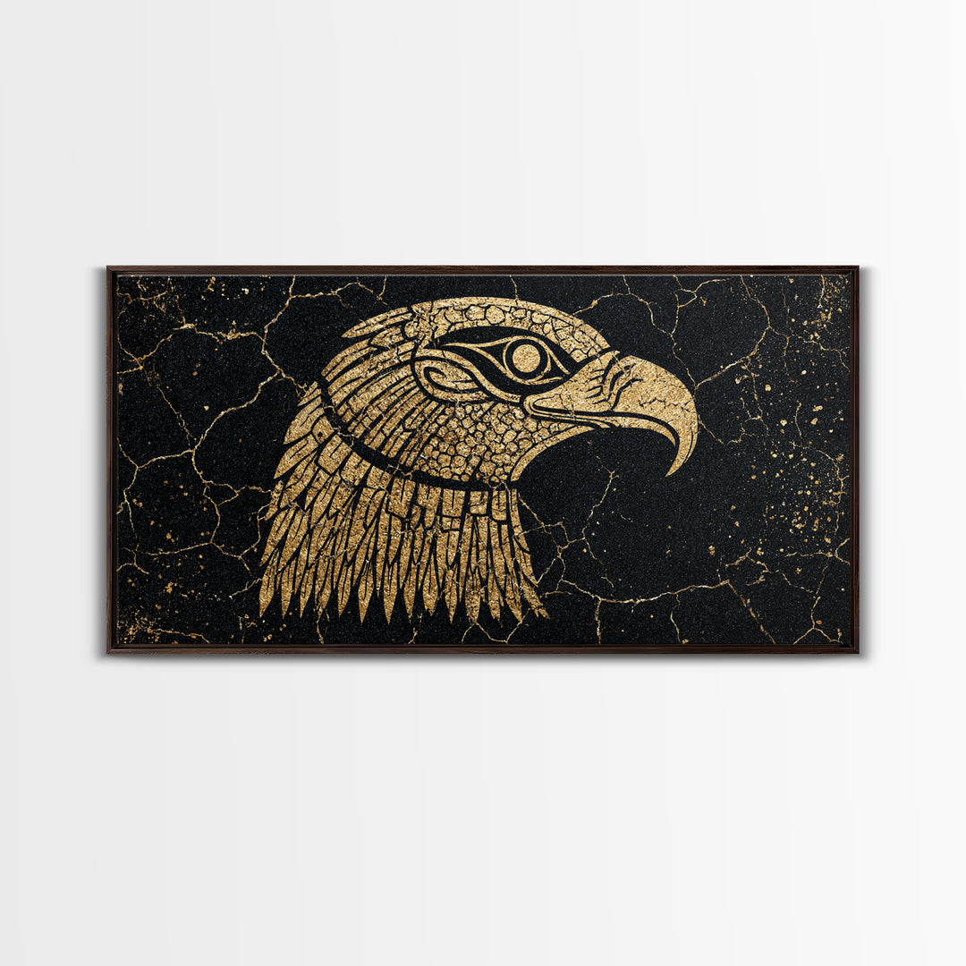 Gold Falcon Head On Black Cracked Stone Canvas Print, African Egyptian Art, Tribal Bird Decor, Luxury Wall Art Gift For Him