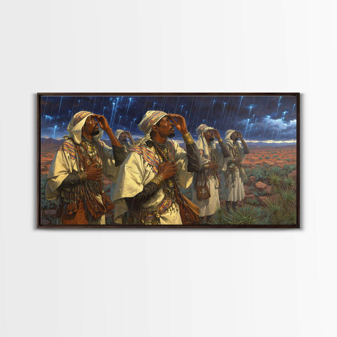 Berber Storm Watchers Canvas Print, African Warrior Art, Desert Lightning Scene, Tribal Wall Decor For Living Room And Office