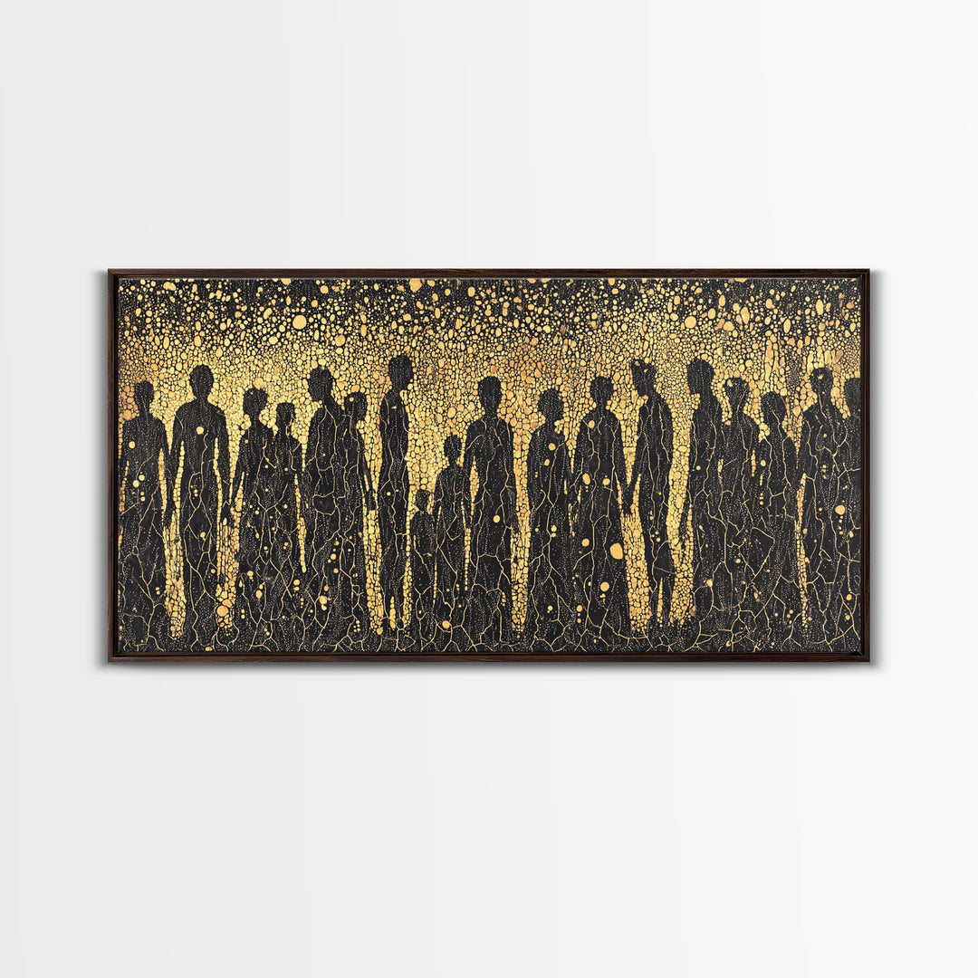 Gold African Silhouette Crowd Wall Art, Abstract Tribal Figures, Black And Gold Cultural Decor Canvas Print Gift For Office