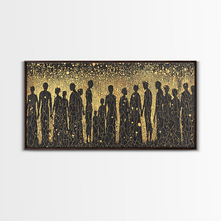 Gold African Silhouette Crowd Wall Art, Abstract Tribal Figures, Black And Gold Cultural Decor Canvas Print Gift For Office