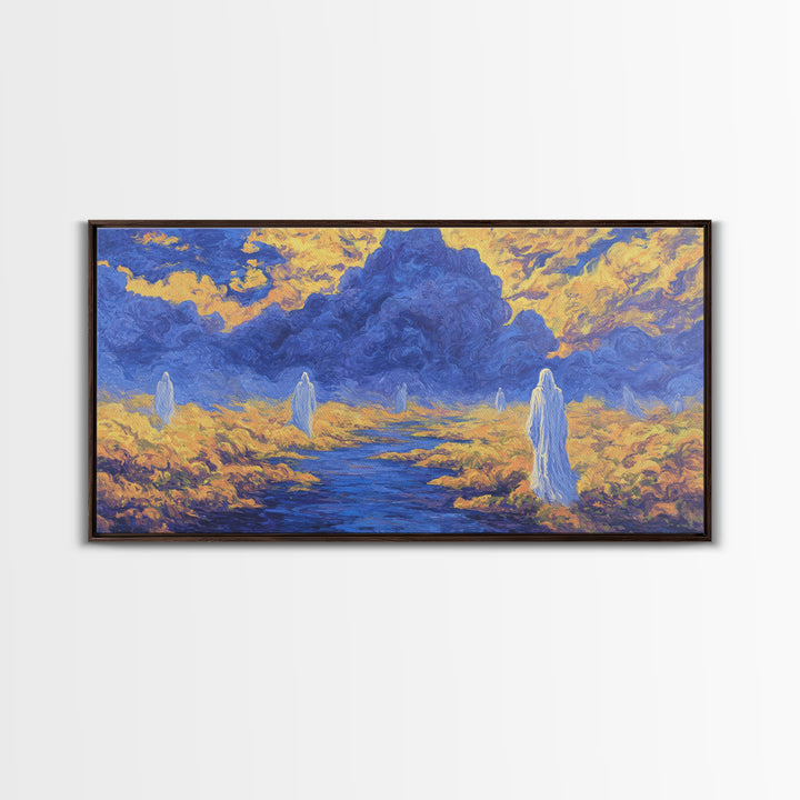 Blue Gold African Spirit Landscape Canvas Print, Mystical Savannah Wall Art, Dreamy Cultural Decor For Living Room And Office