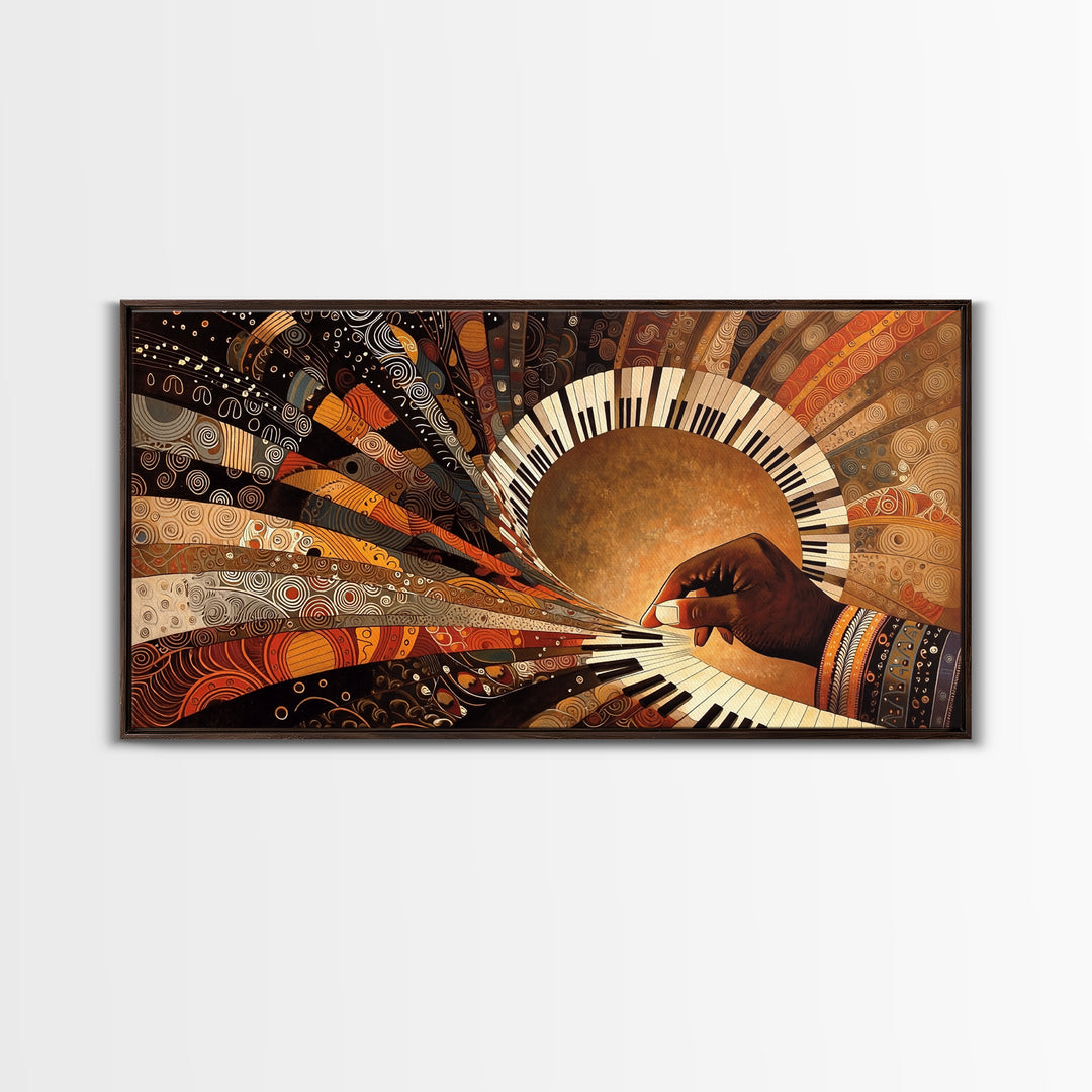 African Piano Sunburst Framed Canvas Print, Musician Hand Wall Art, Modern African Art, Afrocentric Culture Decor Gift Idea