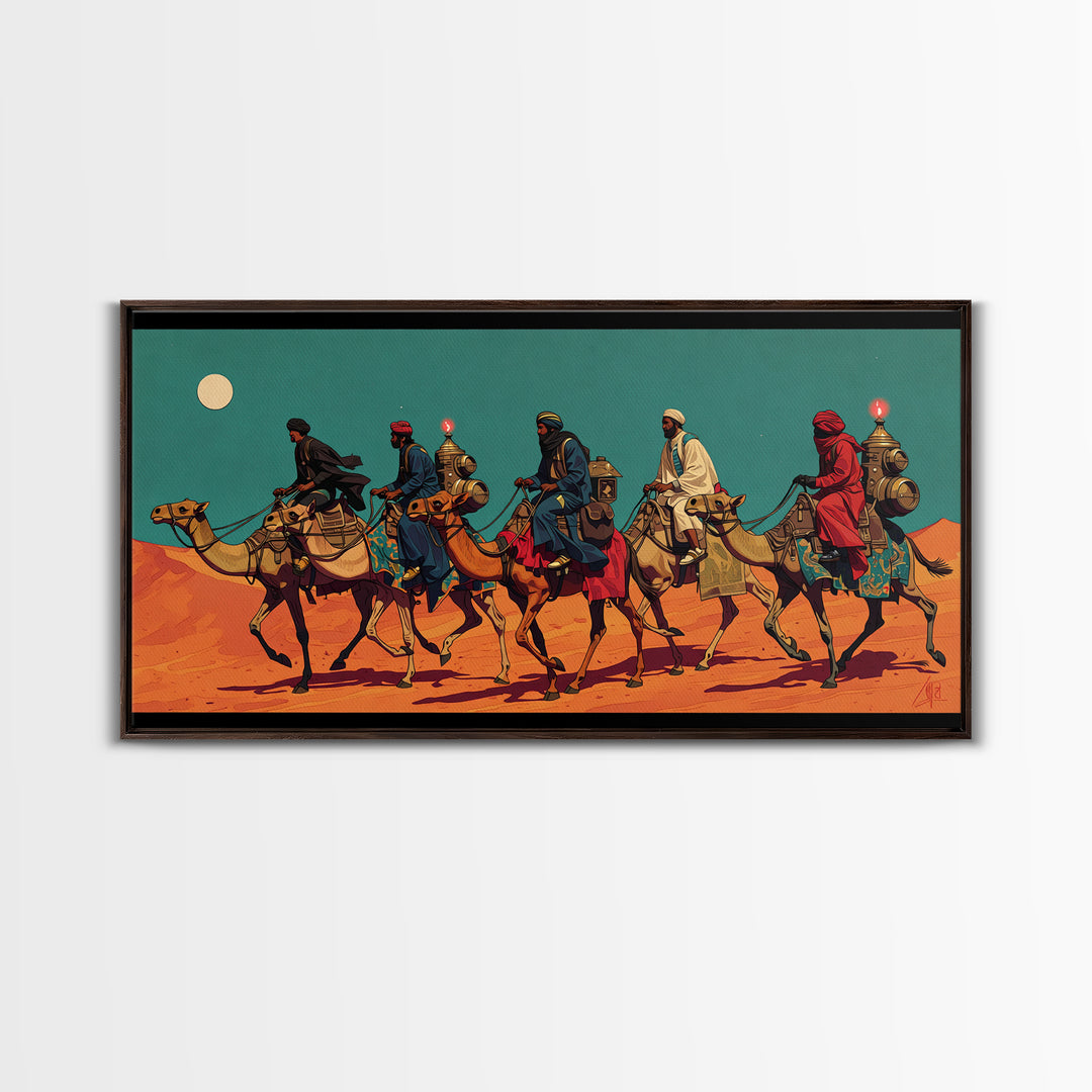 Camel Caravan Desert Travelers Wall Art, African Safari Art Print, Moroccan Travel Decor, Boho Southwestern Canvas Gift For Home